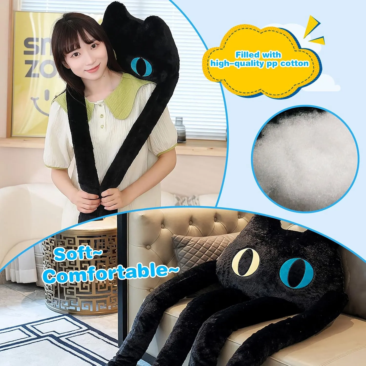 Long Cat Plush Pillow, 39" Cute Black Cat Stuffed Animals Kawaii Soft Plushies,Big Plush Toys Gift for Girlfriend Kids