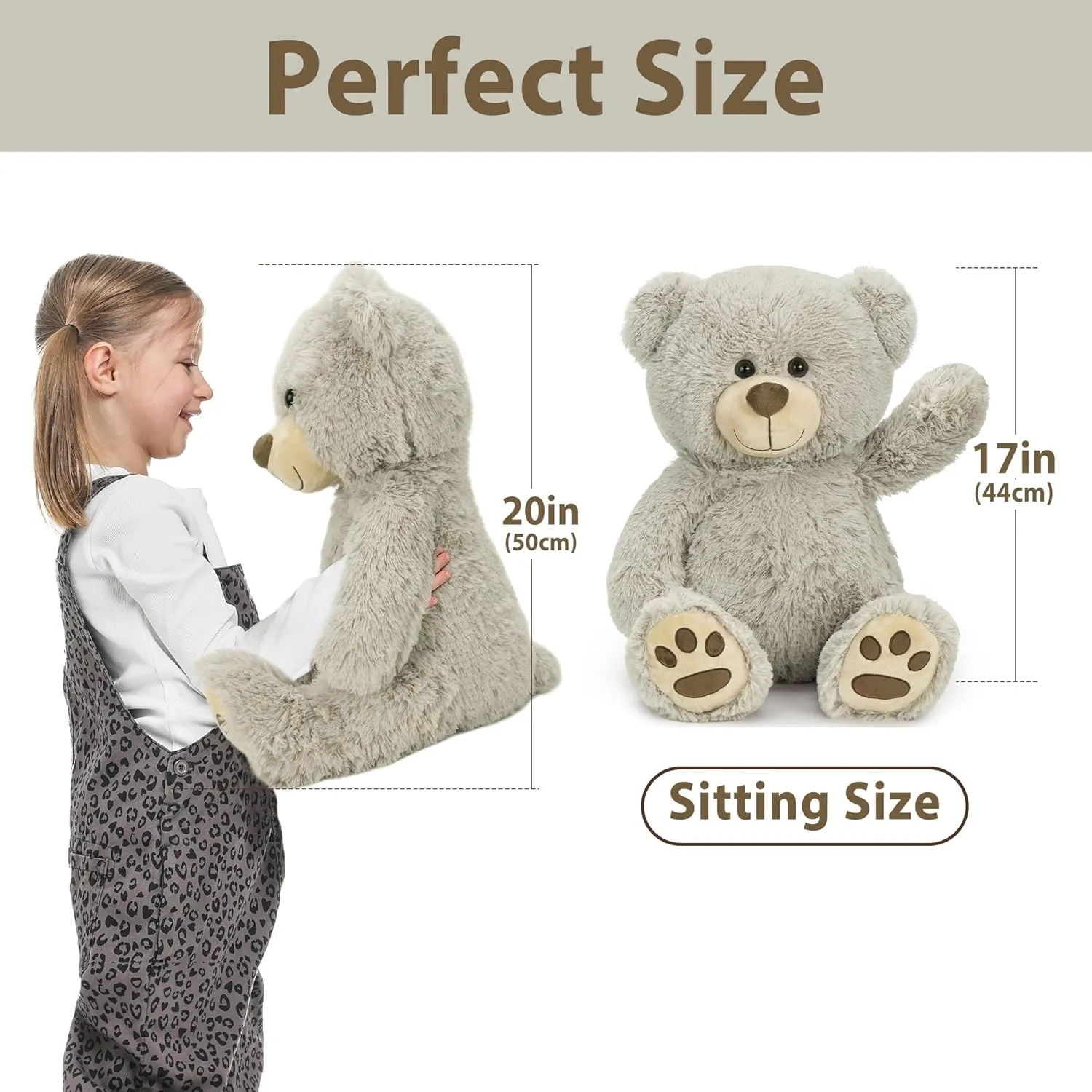 LotFancy Teddy Bear Stuffed Animal, 20 inch Gray Stuffed Bear Plush Toy, with Cute Footprints, Gift for Kids Baby Toddlers on Baby Shower, Birthday, Christmas, Easter Decoration