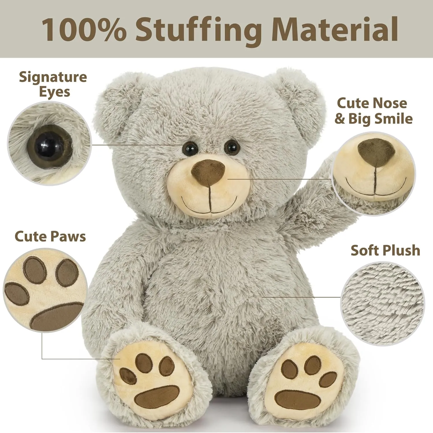 LotFancy Teddy Bear Stuffed Animal, 20 inch Gray Stuffed Bear Plush Toy, with Cute Footprints, Gift for Kids Baby Toddlers on Baby Shower, Birthday, Christmas, Easter Decoration