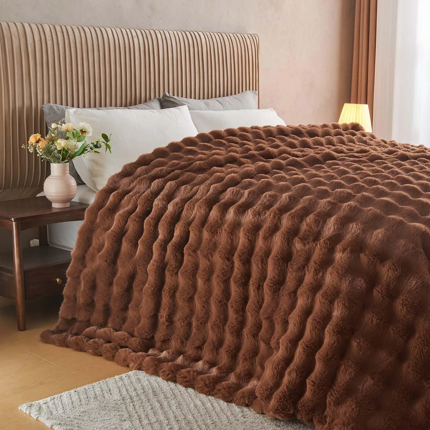 Lotus Karen Faux Fur Throw Blanket Dark Coffee - Big Bubble Rabbit Fluff Blanket for Couch Bed Sofa,Softest Fluffy Fuzzy Cozy Blanket,Thick Furry Plush Shaggy Warm Blankets for Women,50x60 Inches