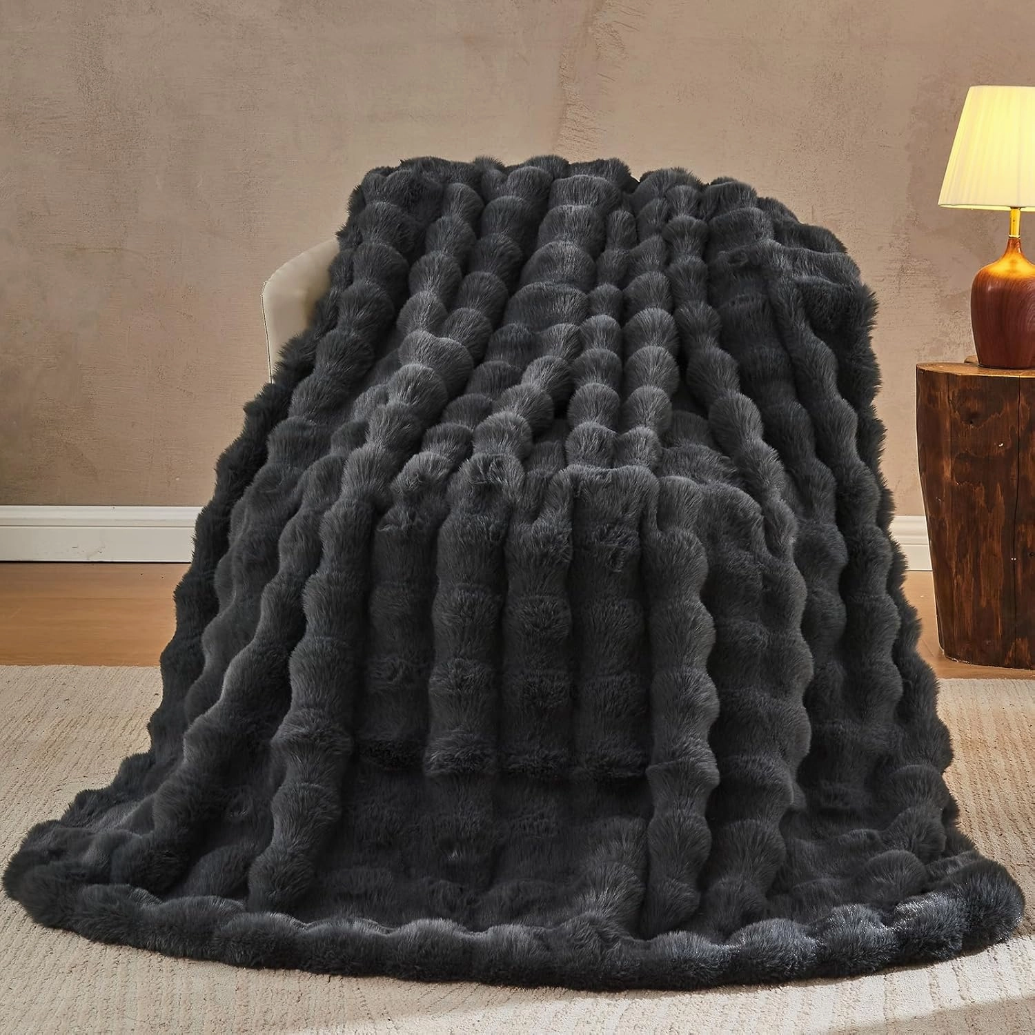 Lotus Karen Faux Fur Throw Blanket Dark Gray - Big Bubble Rabbit Fluff Blanket for Couch, Small Fluffy Fuzzy Cozy Blanket, Thick Furry Plush Shaggy Blankets, 50x60 Inches