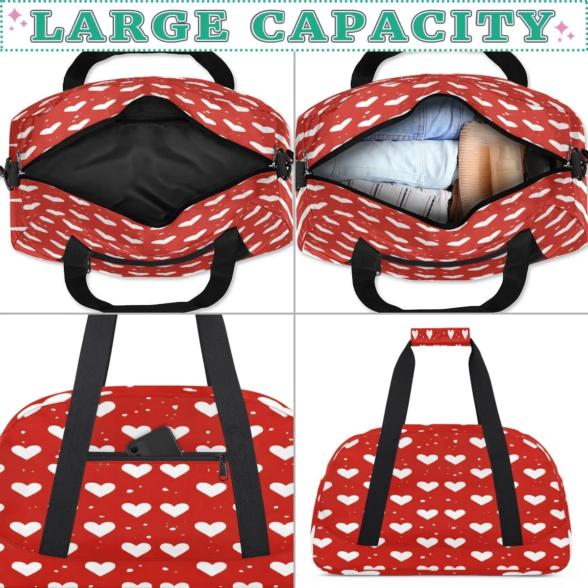 Love Heart Dots Kids Overnighter Duffel Bags for Boys, Carry-On Size Sports Gym Bag with Front Zipper Pocket for School Practice or Overnight Travel Weekender Sleepover Tote Bag