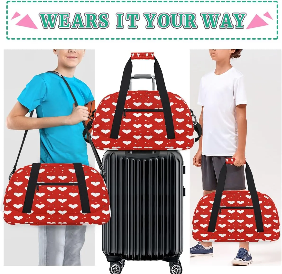 Love Heart Dots Kids Overnighter Duffel Bags for Boys, Carry-On Size Sports Gym Bag with Front Zipper Pocket for School Practice or Overnight Travel Weekender Sleepover Tote Bag