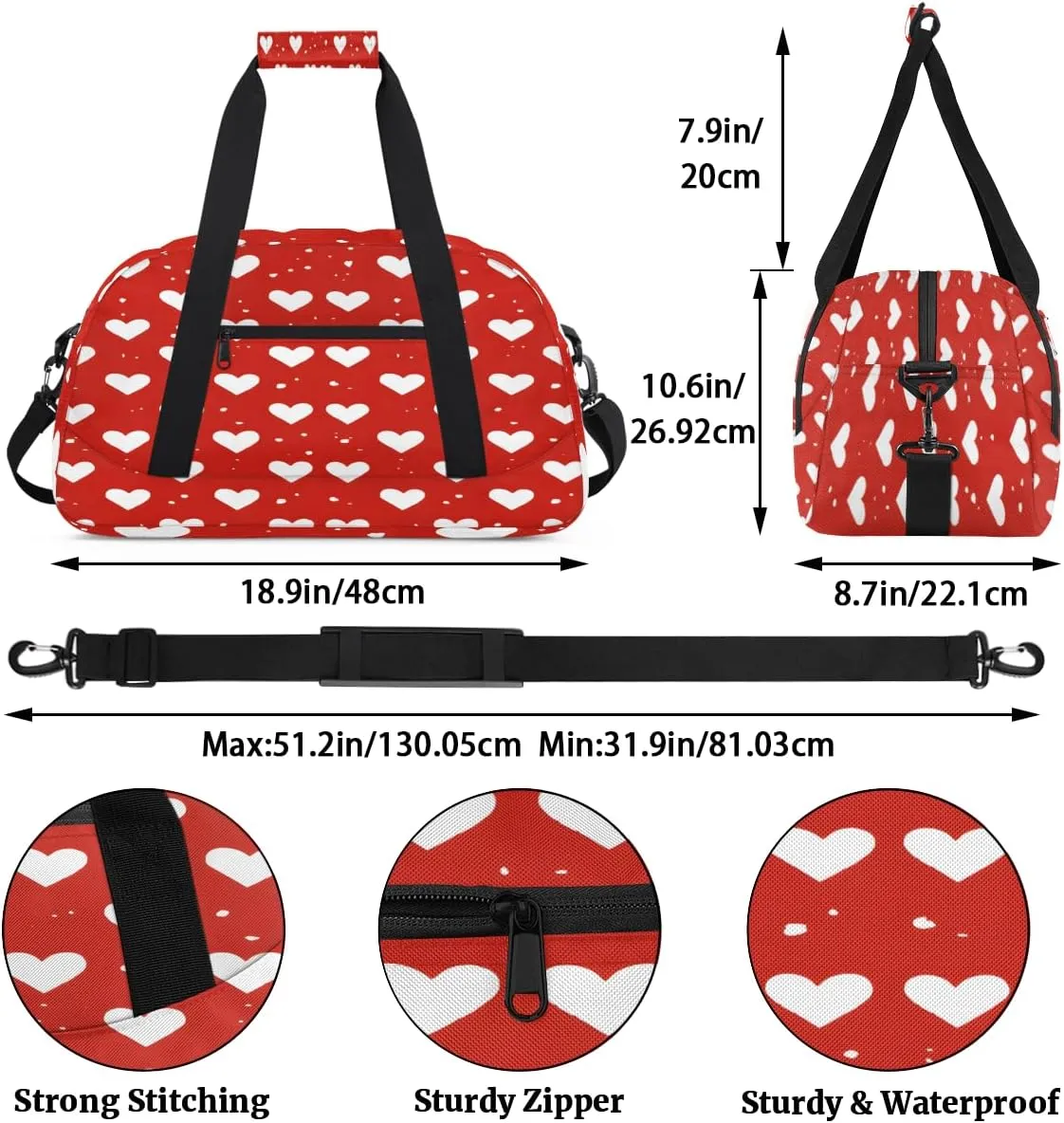 Love Heart Dots Kids Overnighter Duffel Bags for Boys, Carry-On Size Sports Gym Bag with Front Zipper Pocket for School Practice or Overnight Travel Weekender Sleepover Tote Bag