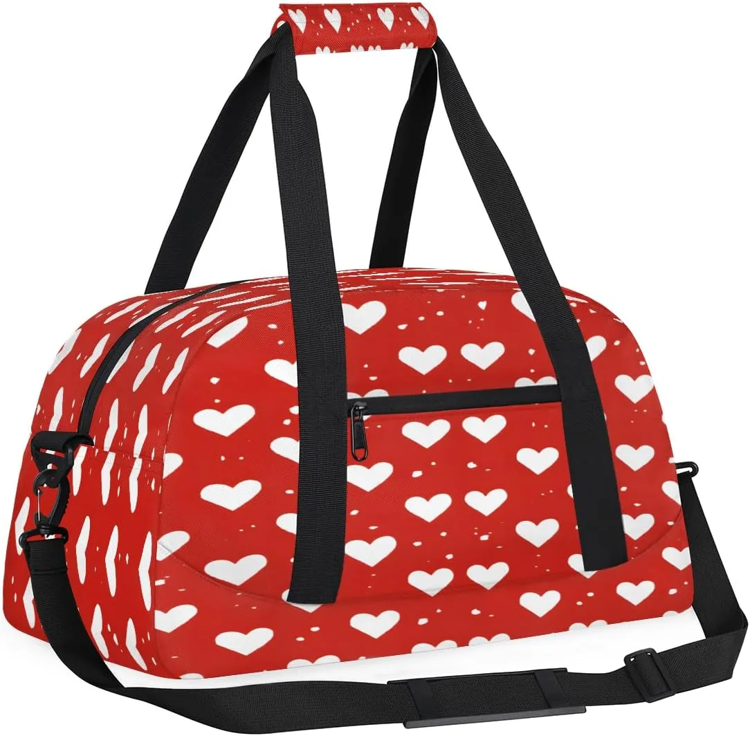 Love Heart Dots Kids Overnighter Duffel Bags for Boys, Carry-On Size Sports Gym Bag with Front Zipper Pocket for School Practice or Overnight Travel Weekender Sleepover Tote Bag