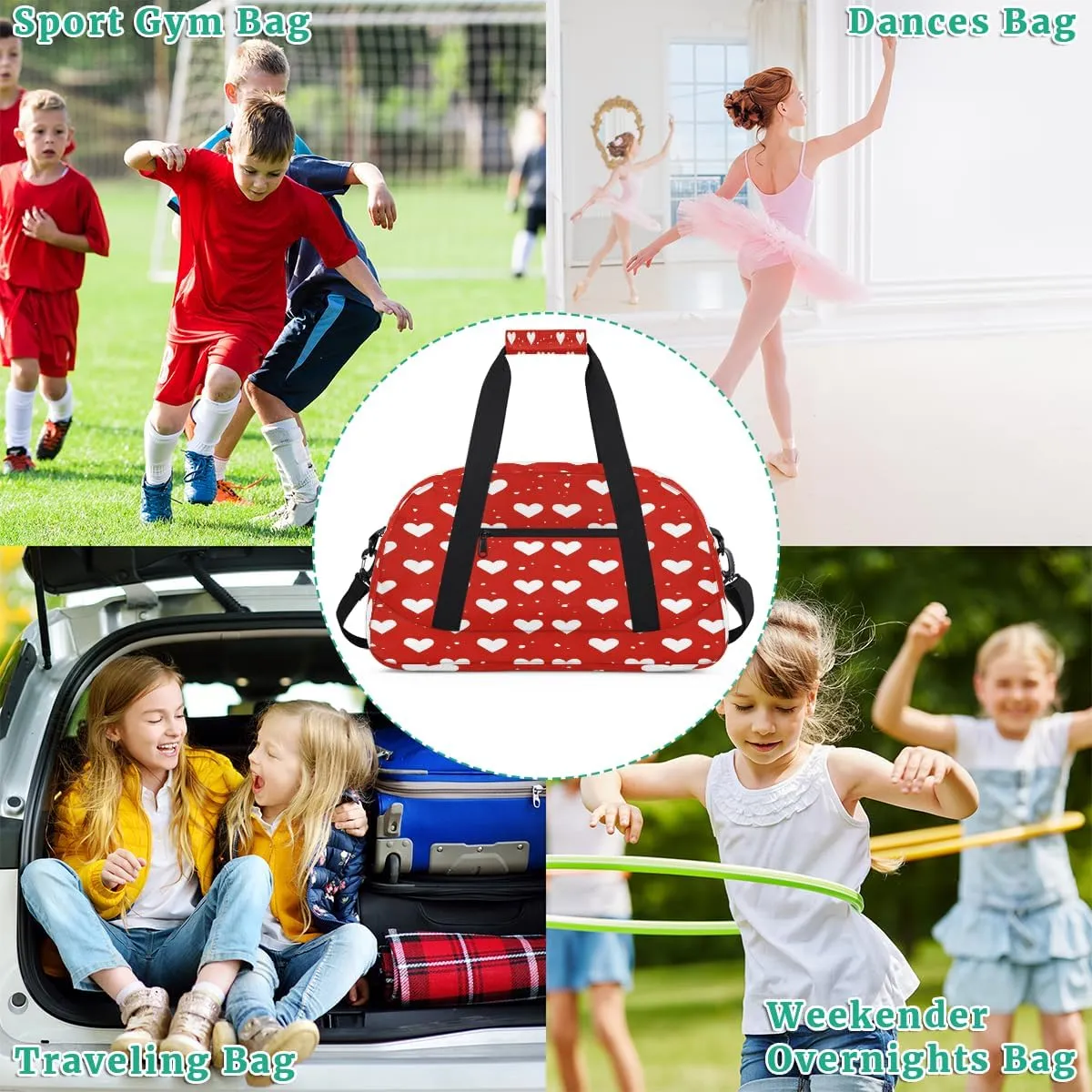 Love Heart Dots Kids Overnighter Duffel Bags for Boys, Carry-On Size Sports Gym Bag with Front Zipper Pocket for School Practice or Overnight Travel Weekender Sleepover Tote Bag