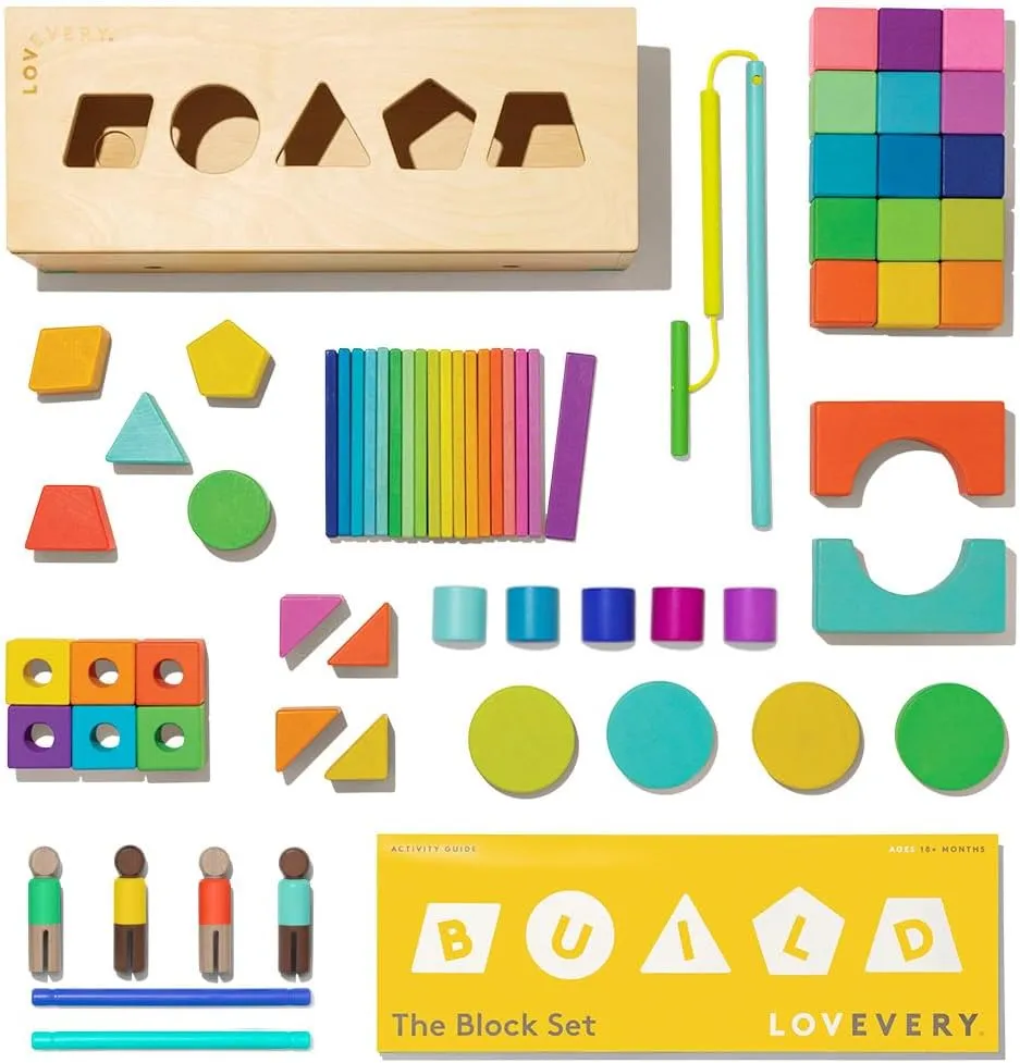 LOVEVERY | The Block Set | Solid Wood Building Blocks and Shapes   Wooden Storage Box, 70 Pieces, 18 Colors, 20  Activities, Toddler Block Set and Converts into a Pull Car, Ages 12 to 48  months
