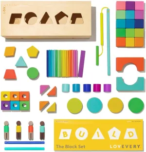 LOVEVERY | The Block Set | Solid Wood Building Blocks and Shapes   Wooden Storage Box, 70 Pieces, 18 Colors, 20  Activities, Toddler Block Set and Converts into a Pull Car, Ages 12 to 48  months