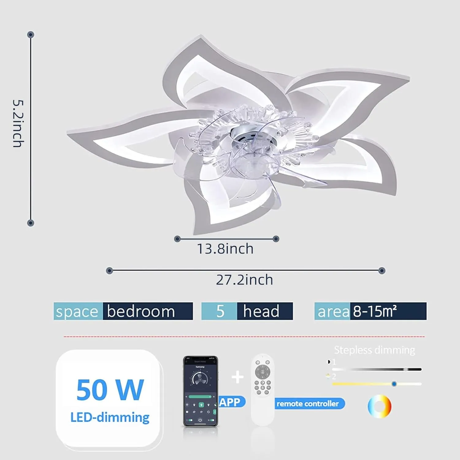 Low Profile Ceiling Fan with Lights,110v Modern Dimmable Flower Shape, Remote Control/app Control,Timing 6 Gear Speeds Fan Ceiling Lamp.