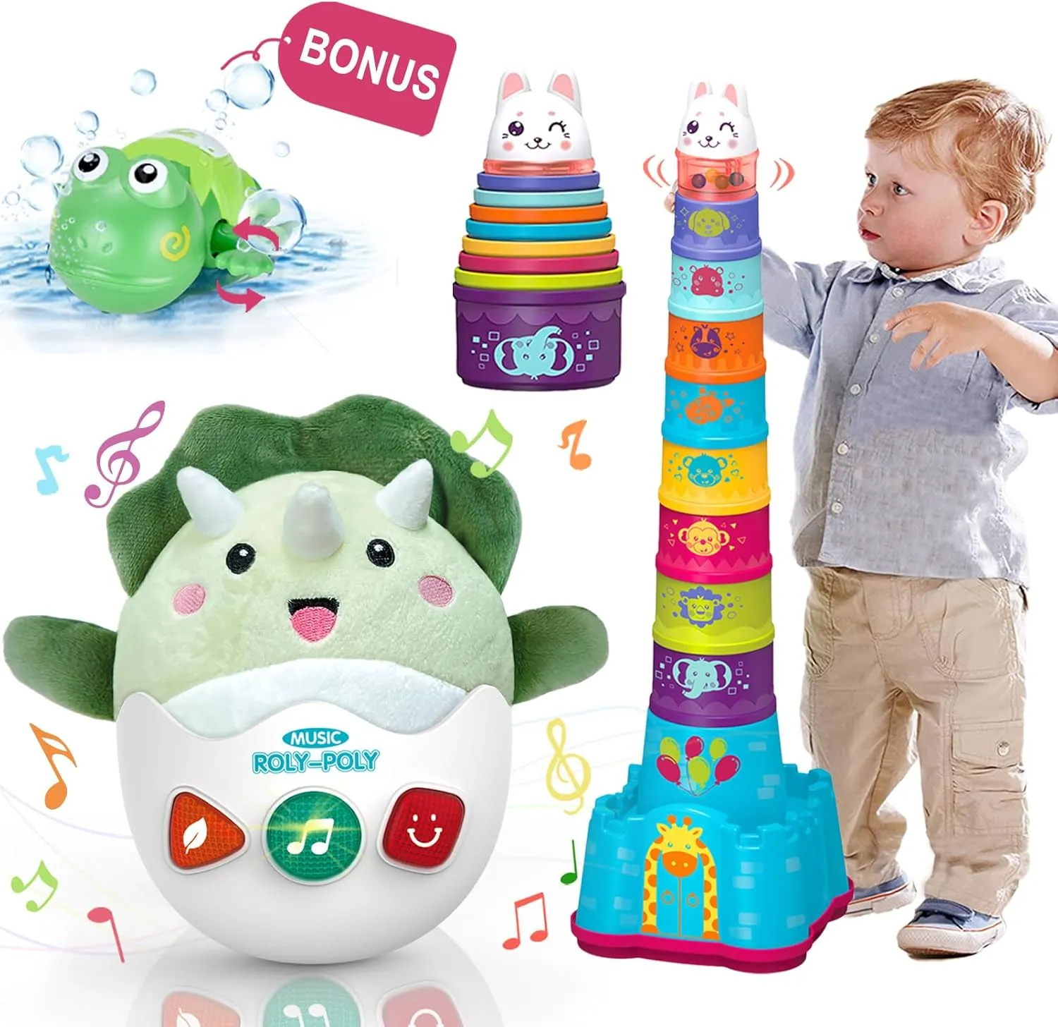 LTKFFFdp Baby Toys for Toddlers 1-3, Animal Plush Musical Toy, Nesting Cups Shape Sorter for Infant 6 to 12-18 Months, Learning Toy with Rattle, Birthday Gifts for Kids 9-12 Month Girl Boy