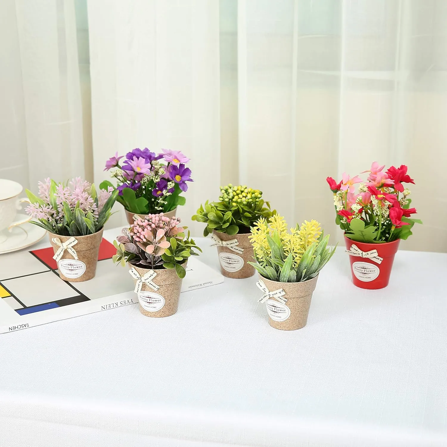 LUEUR Set of 6 Potted Artificial Flowers Fake Flowers with Vase Faux Flowers in Pot, Spring Decor for Home Office Floral Arrangement for Table Dinning Room Decoration Shelf Decor