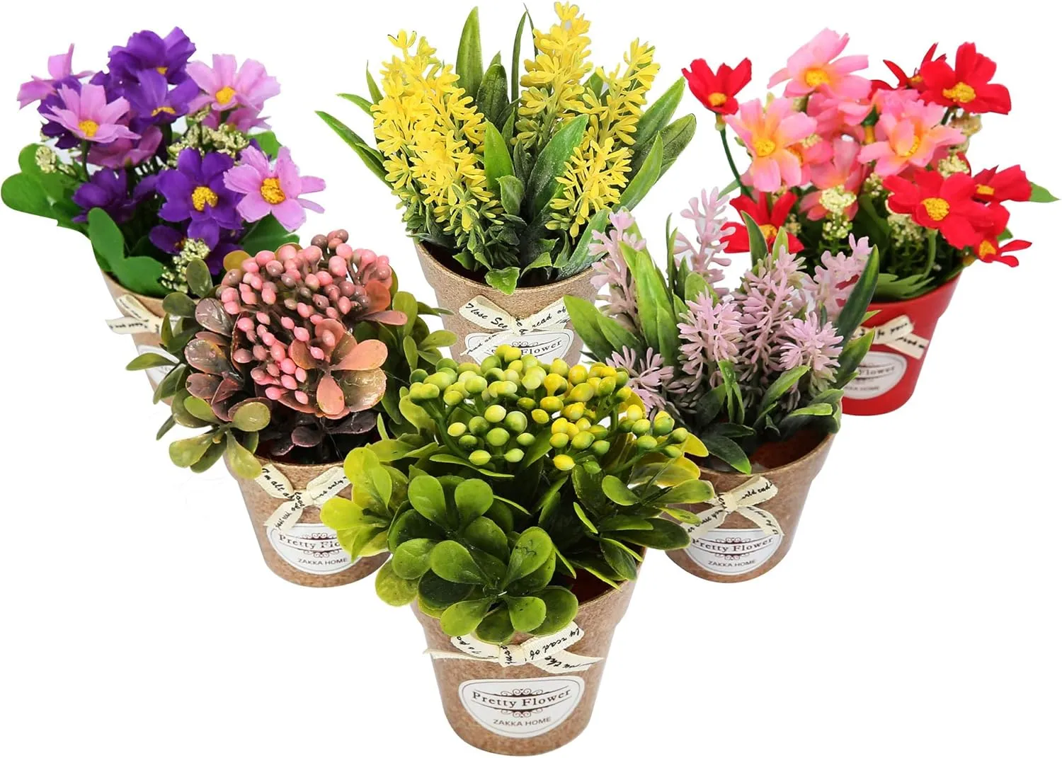 LUEUR Set of 6 Potted Artificial Flowers Fake Flowers with Vase Faux Flowers in Pot, Spring Decor for Home Office Floral Arrangement for Table Dinning Room Decoration Shelf Decor