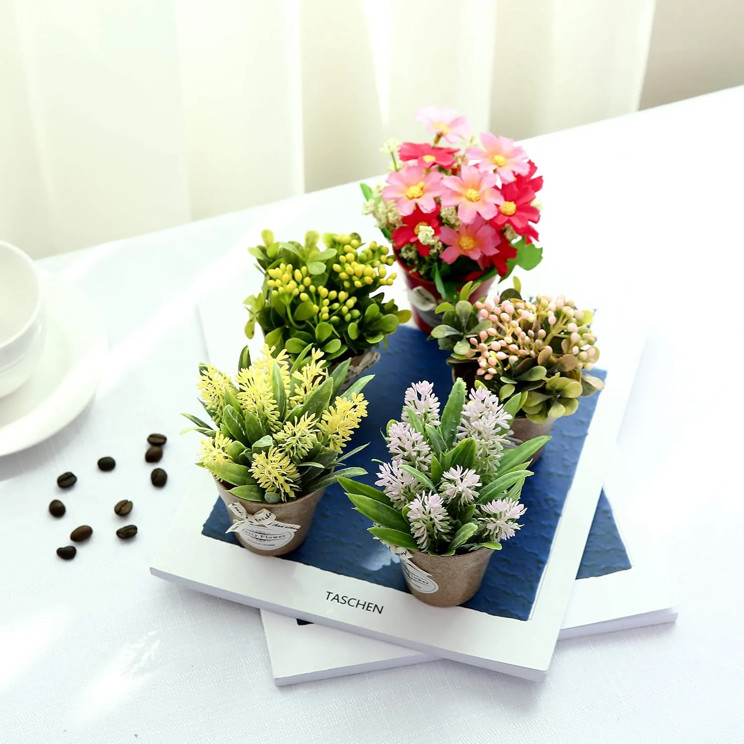 LUEUR Set of 6 Potted Artificial Flowers Fake Flowers with Vase Faux Flowers in Pot, Spring Decor for Home Office Floral Arrangement for Table Dinning Room Decoration Shelf Decor