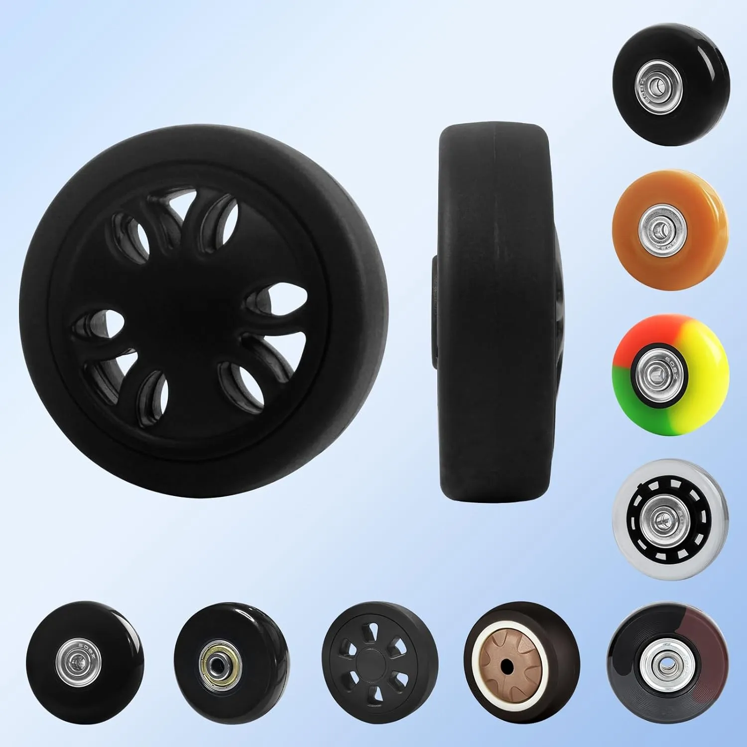 Luggage Wheels Replacement Set 8PCS Dia 2in PTU Rubber Wheel Full Set Repair Tool Fit 6mm&8mm Shaft Slots Flexible Smooth Roll for Spinner Suitcase Trolley Bag Drawbar Travel Box