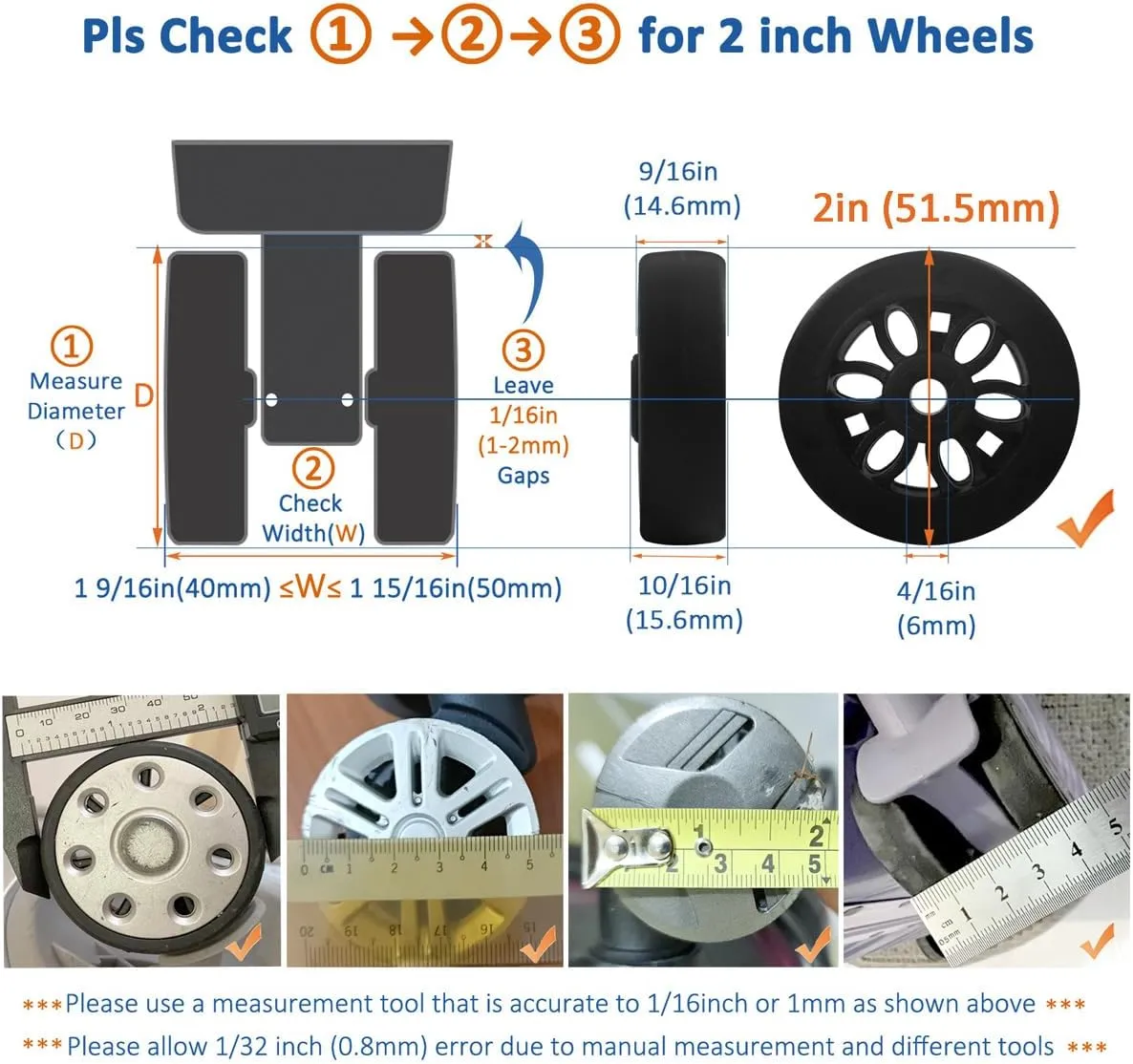 Luggage Wheels Replacement Set 8PCS Dia 2in PTU Rubber Wheel Full Set Repair Tool Fit 6mm&8mm Shaft Slots Flexible Smooth Roll for Spinner Suitcase Trolley Bag Drawbar Travel Box