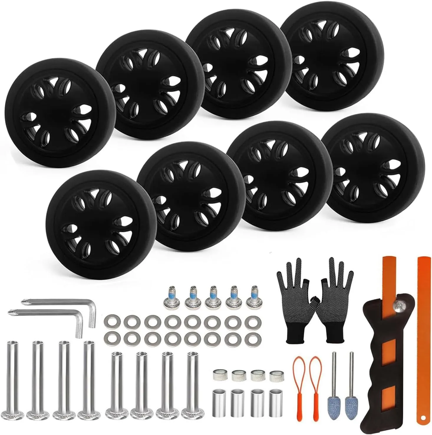 Luggage Wheels Replacement Set 8PCS Dia 2in PTU Rubber Wheel Full Set Repair Tool Fit 6mm&8mm Shaft Slots Flexible Smooth Roll for Spinner Suitcase Trolley Bag Drawbar Travel Box