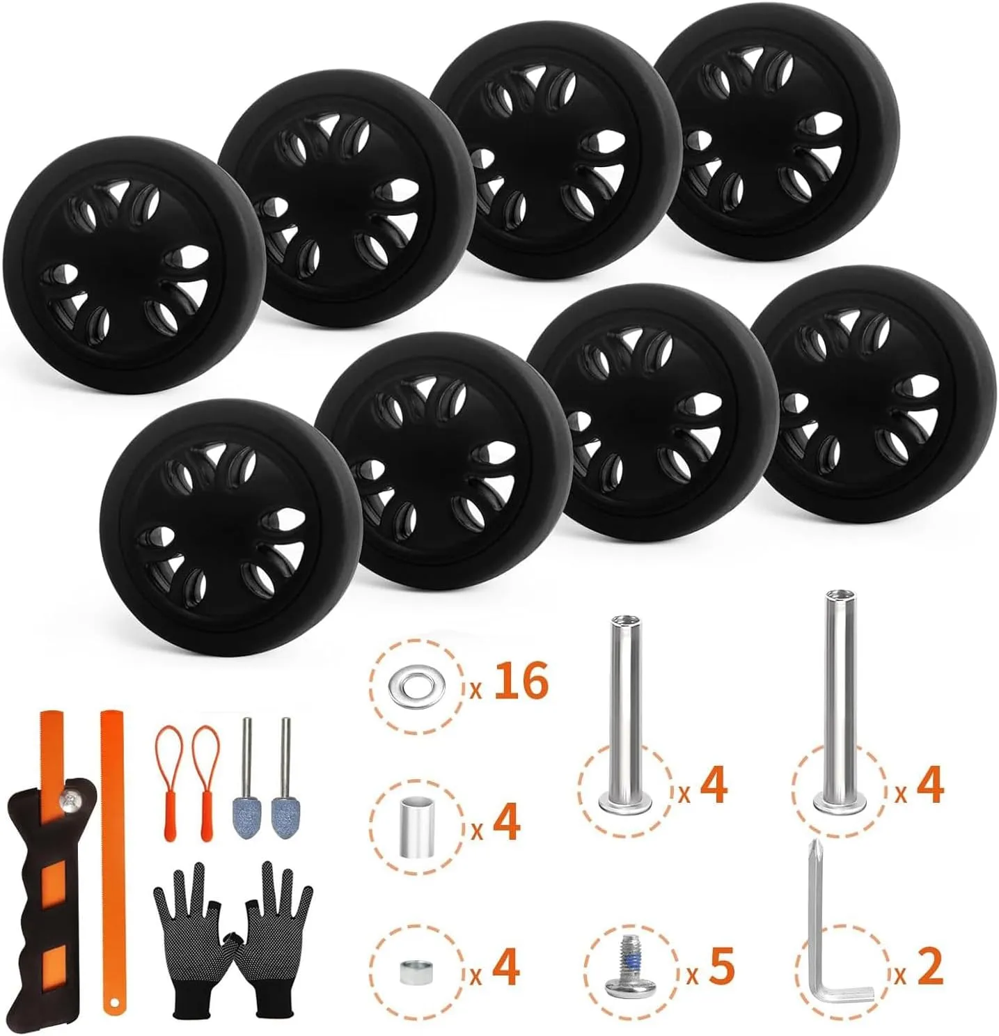 Luggage Wheels Replacement Set 8PCS Dia 2in PTU Rubber Wheel Full Set Repair Tool Fit 6mm&8mm Shaft Slots Flexible Smooth Roll for Spinner Suitcase Trolley Bag Drawbar Travel Box