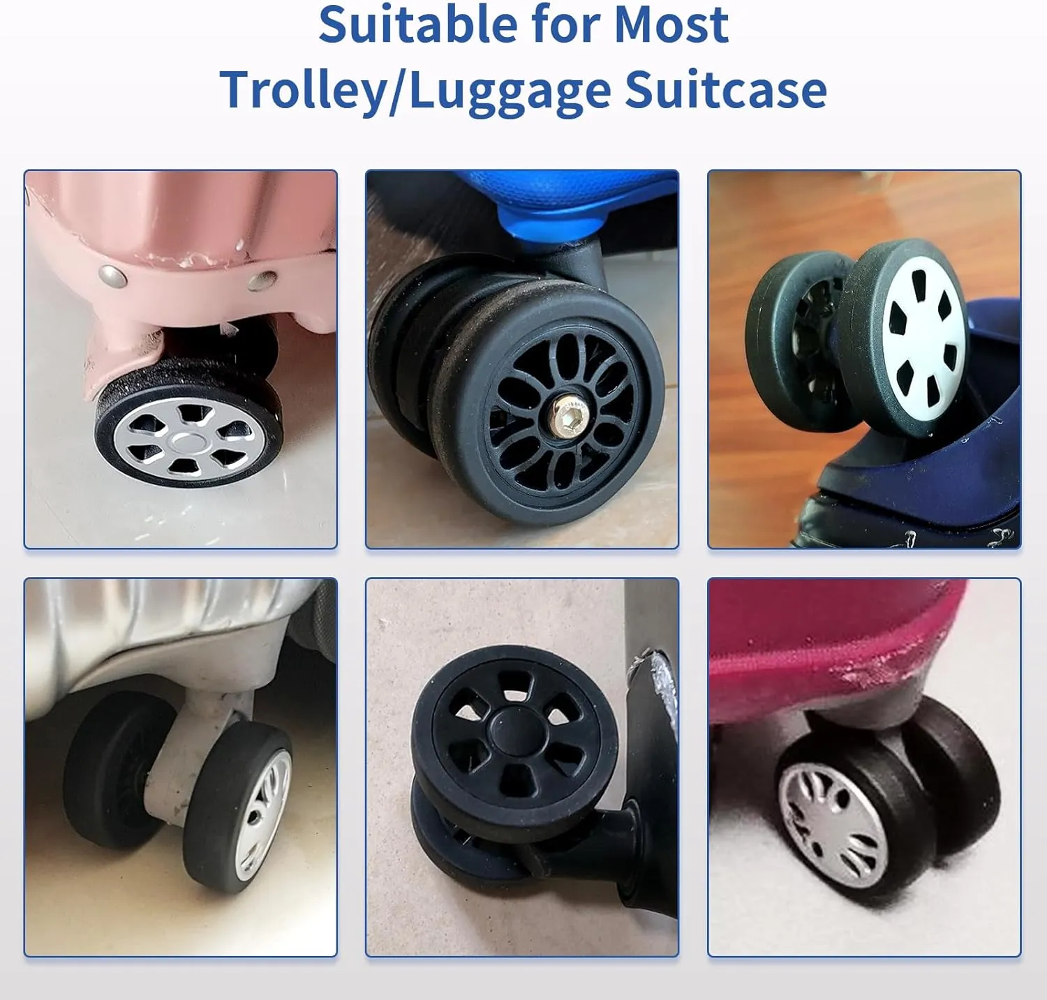 Luggage Wheels Replacement Set 8PCS Dia 2in PTU Rubber Wheel Full Set Repair Tool Fit 6mm&8mm Shaft Slots Flexible Smooth Roll for Spinner Suitcase Trolley Bag Drawbar Travel Box