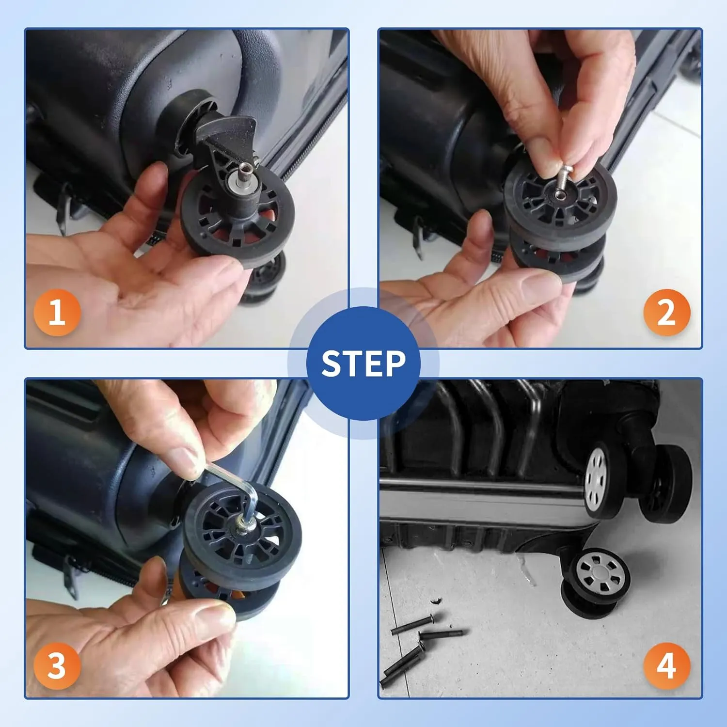 Luggage Wheels Replacement Set 8PCS Dia 2in PTU Rubber Wheel Full Set Repair Tool Fit 6mm&8mm Shaft Slots Flexible Smooth Roll for Spinner Suitcase Trolley Bag Drawbar Travel Box