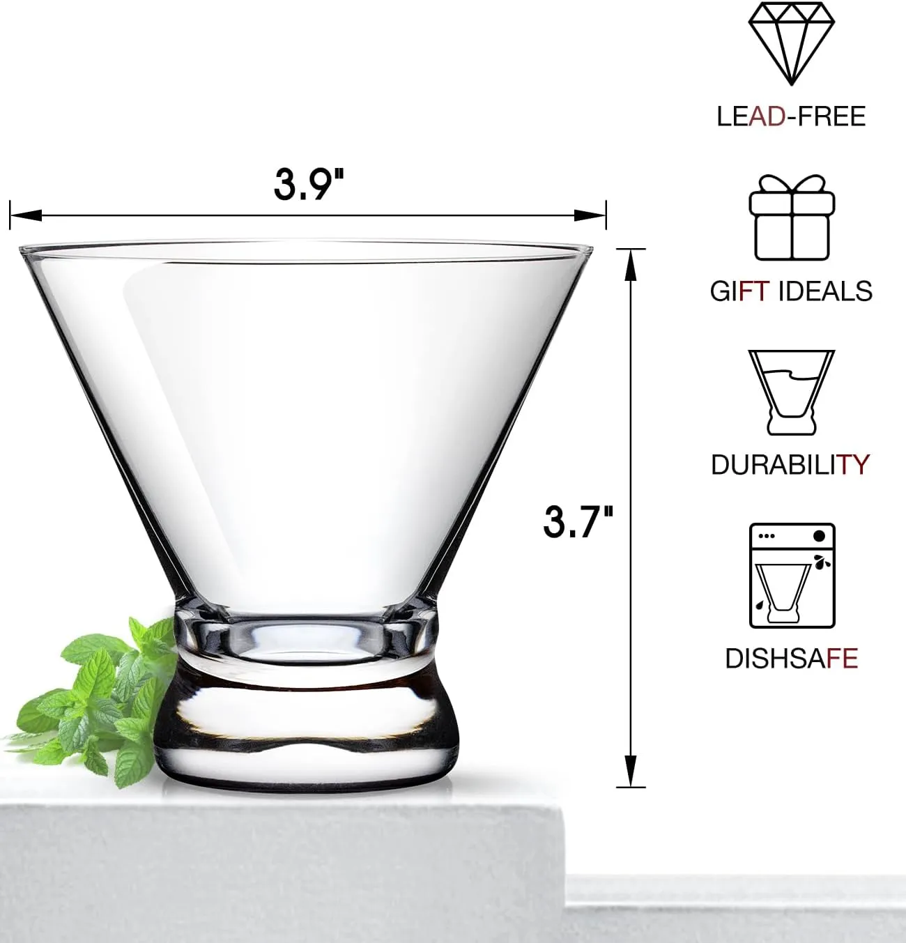 LUNA & MANTHA Martini Glasses Set of 6, Stemless Martini Cocktail Glasses for Margarita, Manhattan, Cosmopolitan, Home Bar, Evening Parties, Birthdays, Housewarming Gift, Crystal Clear 8 OZ