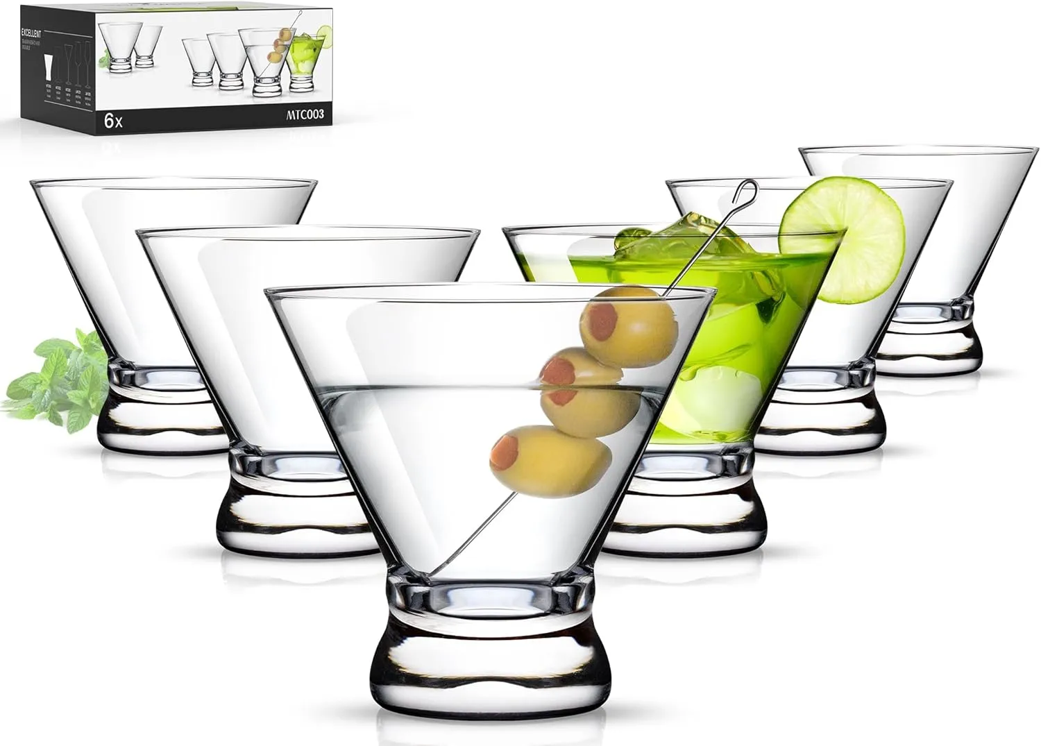 LUNA & MANTHA Martini Glasses Set of 6, Stemless Martini Cocktail Glasses for Margarita, Manhattan, Cosmopolitan, Home Bar, Evening Parties, Birthdays, Housewarming Gift, Crystal Clear 8 OZ