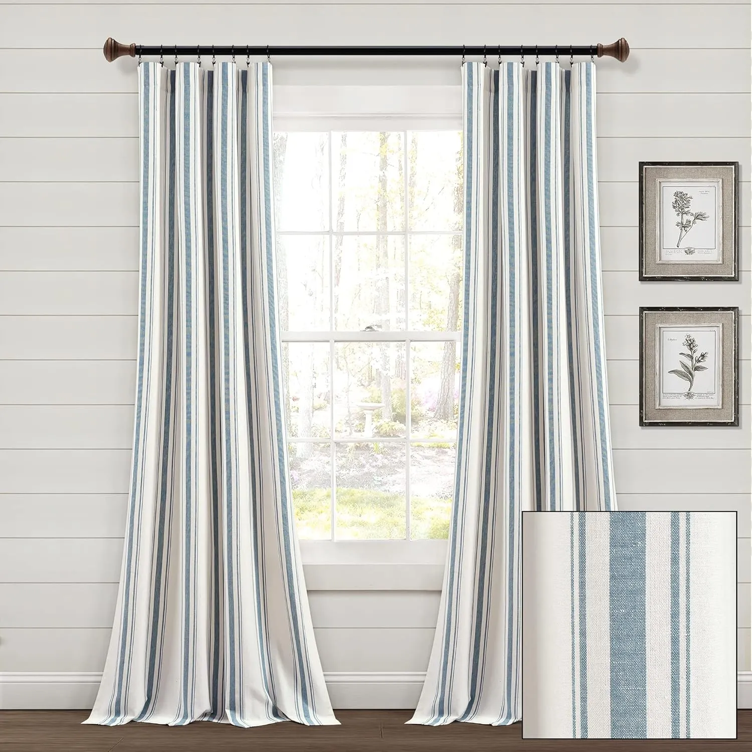 Lush Decor Farmhouse Stripe Yarn Dyed Cotton Window Curtain Panel Pair, 42" W x 84" L, Blue - Classic Modern Rustic Charm - Eco Friendly Cotton Fabric