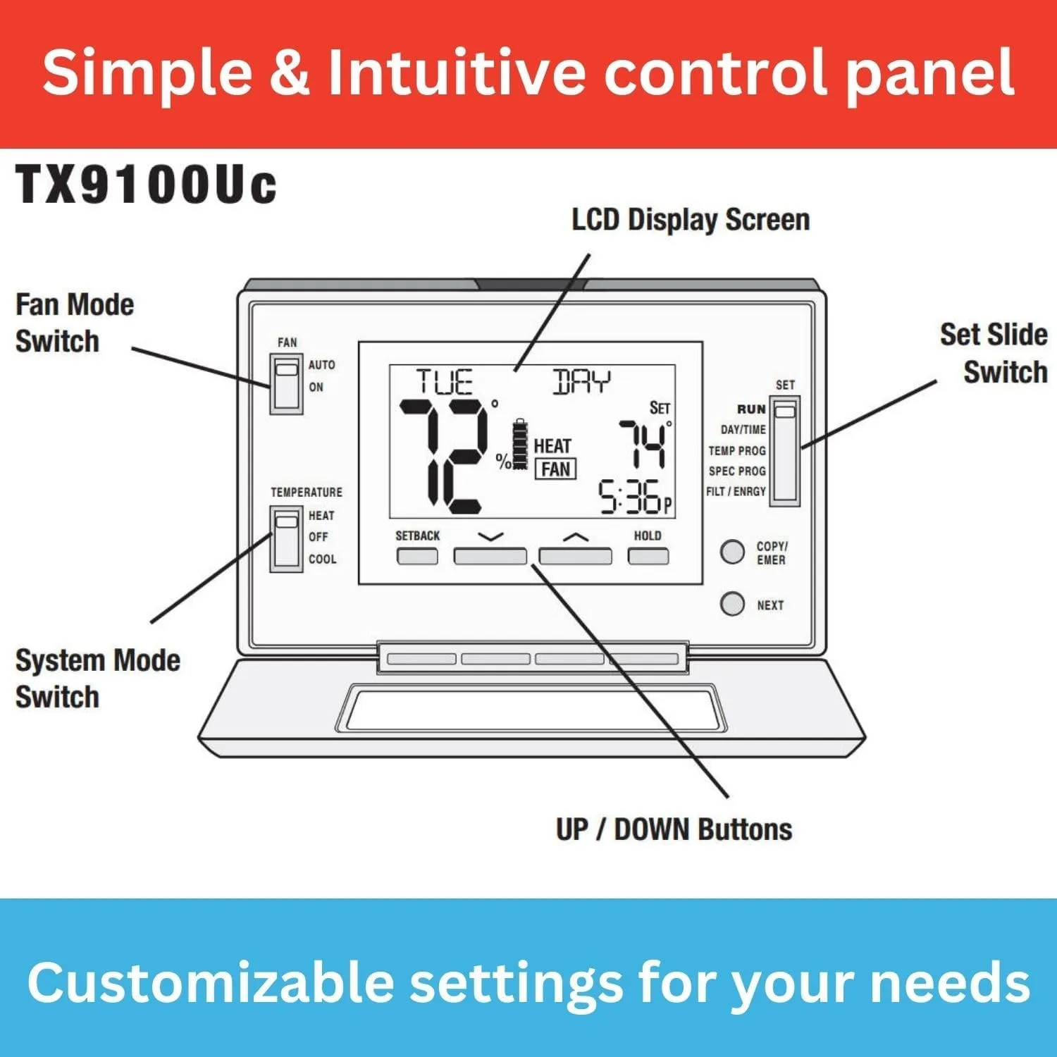 Lux LTX9100U Programmable 7 Day Thermostat; 2 Heat, 2 Cool…