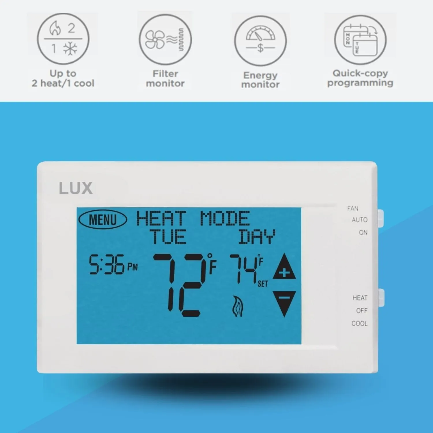 Lux LTX9600TS 7 Day Digital Programmable Thermostat for Home Use; 2 Heat, 1 Cool