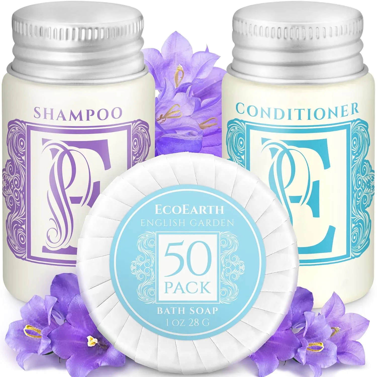 Luxury Travel and Hotel Amenities Set (1 Oz, 150 Pieces), Grade-A Guest Ingredients and Gift Packaging Toiletries, Includes 50 Round Soaps, 50 Shampoos & 50 Conditioners by EcoEarth