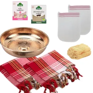 Luxury Turkish Hammam Spa Gift Set – 8 Piece | Pure Copper Bowl (7.87”), 2 Peshtemal Towels, 2 Silk Exfoliating Gloves, Natural Loofah, Rose & Olive Oil Soaps | Wellness Gift for Women & Men