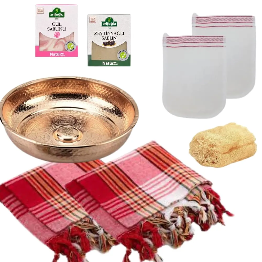 Luxury Turkish Hammam Spa Gift Set – 8 Piece | Pure Copper Bowl (7.87”), 2 Peshtemal Towels, 2 Silk Exfoliating Gloves, Natural Loofah, Rose & Olive Oil Soaps | Wellness Gift for Women & Men