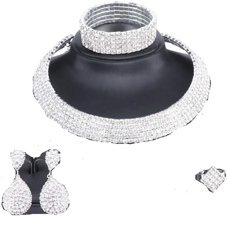 Luxury Wedding Bridal Crystal Jewelry Sets For Brides Women Necklace Elastic Rope Bangle Ring Earring Jewelry Set And Gift Boxes