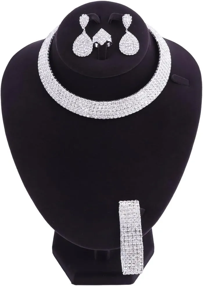 Luxury Wedding Bridal Crystal Jewelry Sets For Brides Women Necklace Elastic Rope Bangle Ring Earring Jewelry Set And Gift Boxes