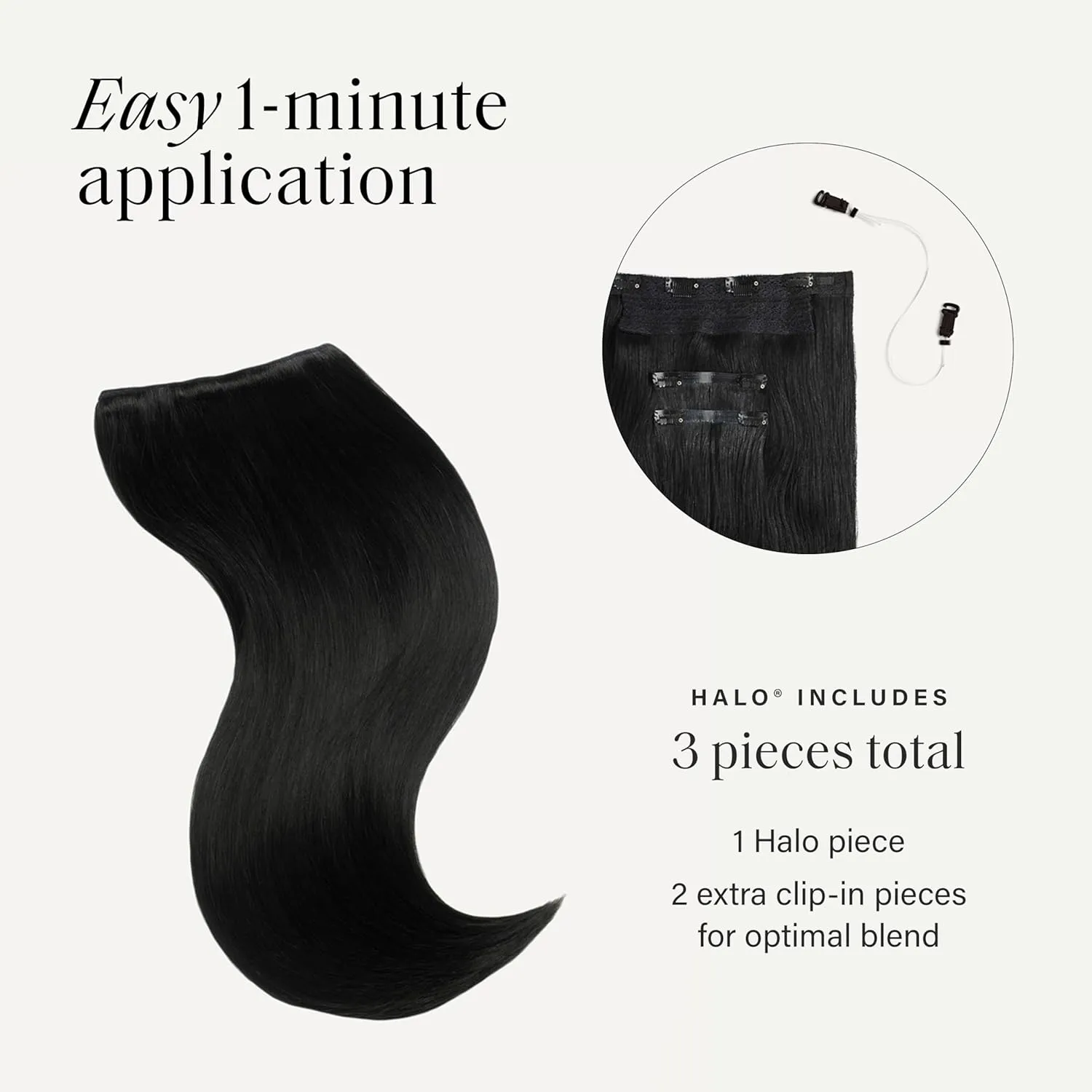 Luxy Hair 20" Jet Black Halo Clip-In Hair Extensions (180 grams) 100% Remy Human Hair, Quick Volume, 10-Piece Set, Blends Easily