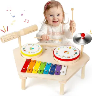 M SANMERSEN Kids Drum Set 7 in 1 Toddler Music Toys Wooden Montessori Musical Instruments Baby Sensory Toys Birthday Xmas Gifts for Girls Boys