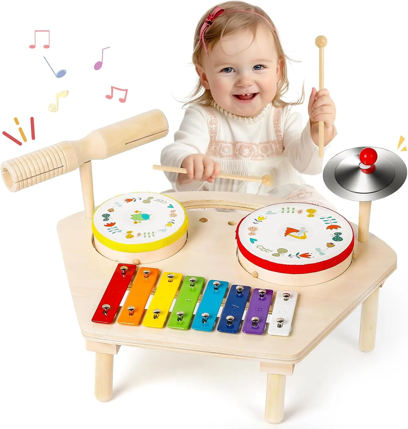 M SANMERSEN Kids Drum Set 7 in 1 Toddler Music Toys Wooden Montessori Musical Instruments Baby Sensory Toys Birthday Xmas Gifts for Girls Boys