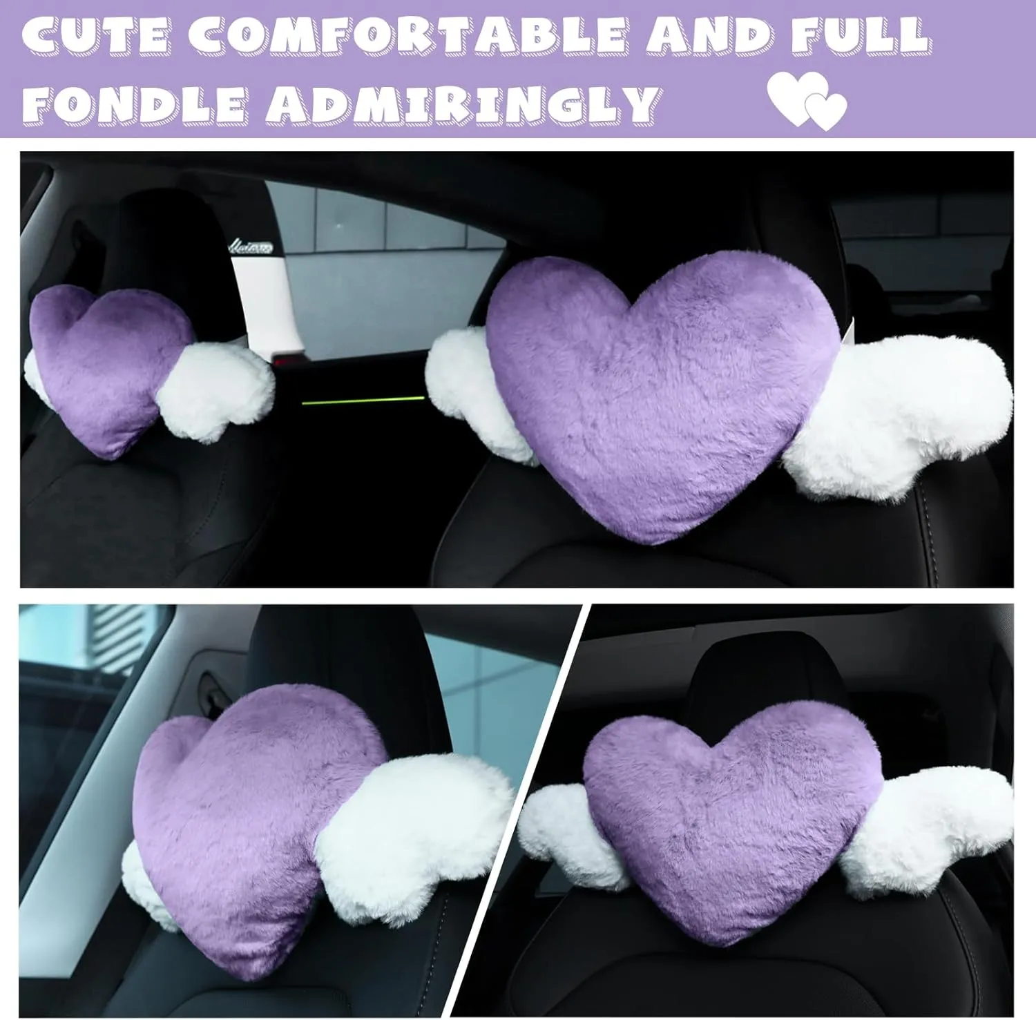 Macarrie 2 Pcs Plush Heart Shaped Pillow with Angel Wings Car Headrest Soft Comfortable Car Seat Pillow for Driving Travelling Room Office Car Decor, 19.7 x 8.3 Inch (Purple)