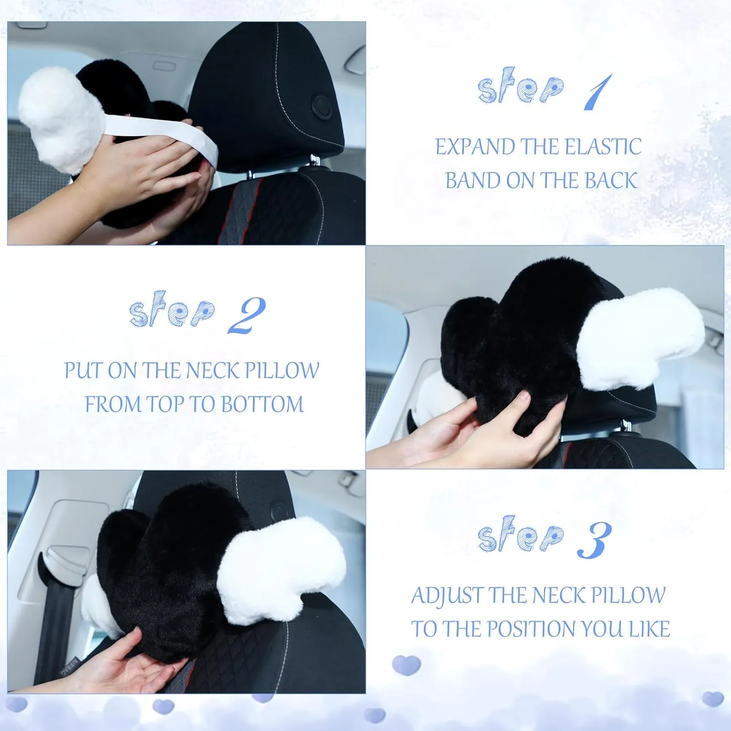 Macarrie 2 Pcs Plush Heart Shaped Pillow with Angel Wings Car Headrest Soft Comfortable Car Seat Pillow for Driving Travelling Room Office Car Decor, 19.7 x 8.3 Inch(Black)