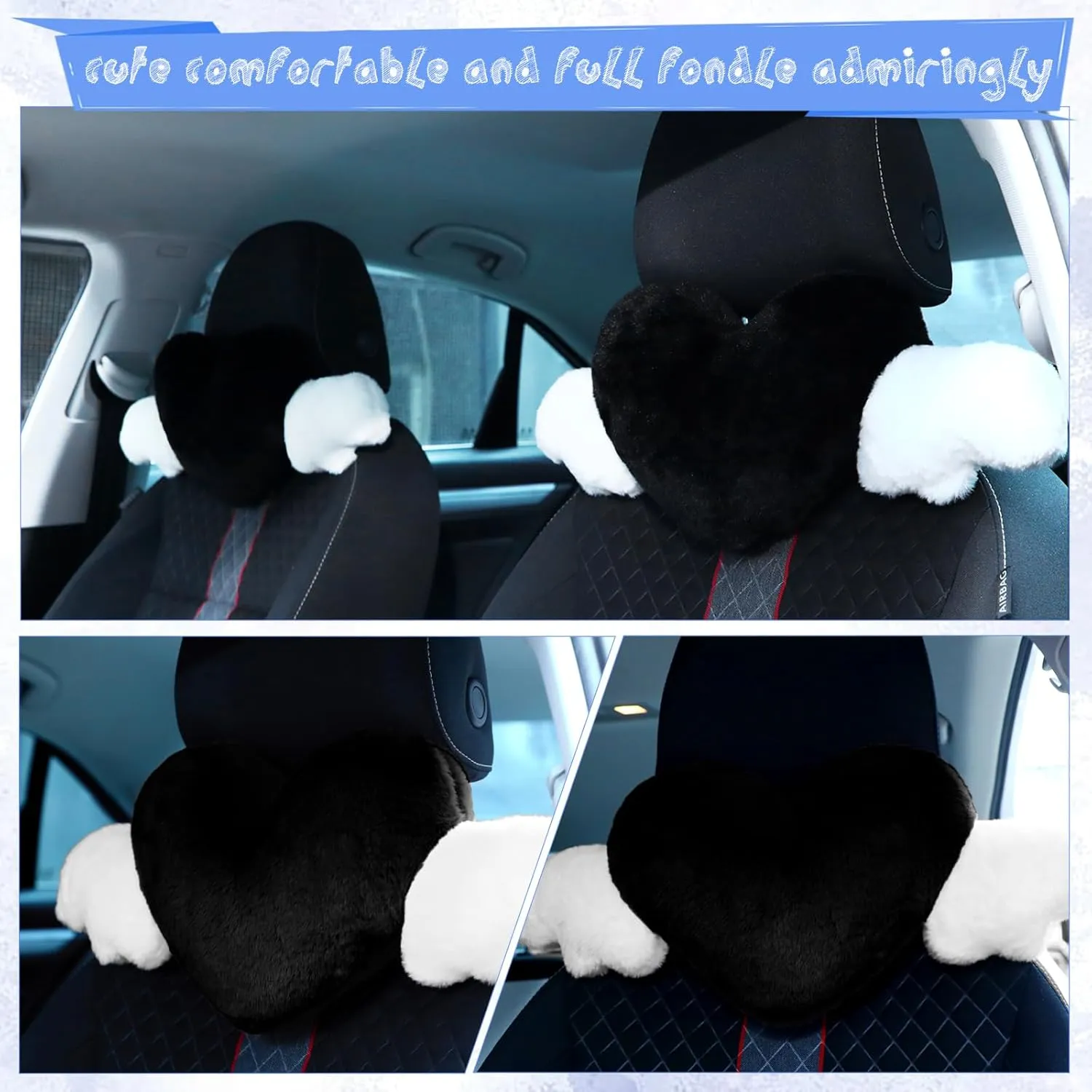 Macarrie 2 Pcs Plush Heart Shaped Pillow with Angel Wings Car Headrest Soft Comfortable Car Seat Pillow for Driving Travelling Room Office Car Decor, 19.7 x 8.3 Inch(Black)