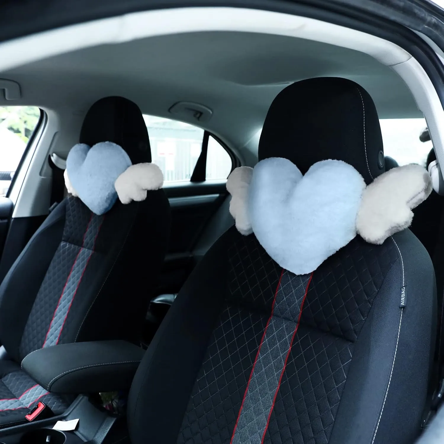 Macarrie 2 Pcs Plush Heart Shaped Pillow with Angel Wings Car Headrest Soft Comfortable Car Seat Pillow for Driving Travelling Room Office Car Decor, 19.7 x 8.3 Inch(Light Blue)
