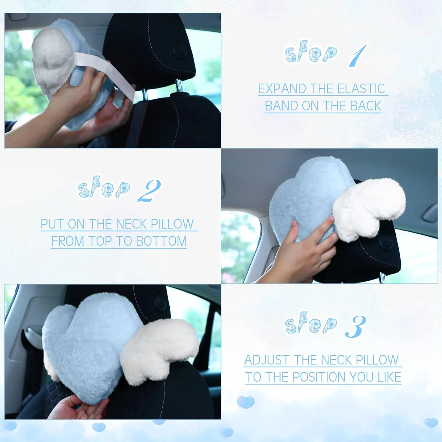 Macarrie 2 Pcs Plush Heart Shaped Pillow with Angel Wings Car Headrest Soft Comfortable Car Seat Pillow for Driving Travelling Room Office Car Decor, 19.7 x 8.3 Inch(Light Blue)