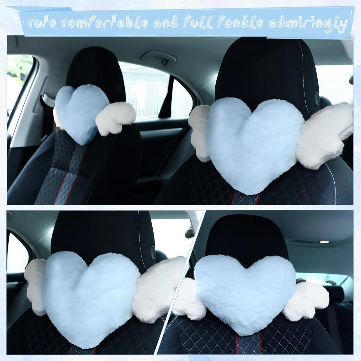 Macarrie 2 Pcs Plush Heart Shaped Pillow with Angel Wings Car Headrest Soft Comfortable Car Seat Pillow for Driving Travelling Room Office Car Decor, 19.7 x 8.3 Inch(Light Blue)