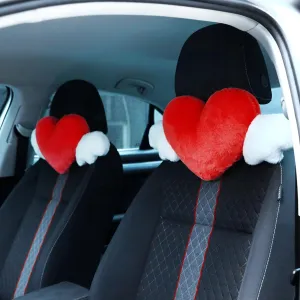 Macarrie 2 Pcs Plush Heart Shaped Pillow with Angel Wings Car Headrest Soft Comfortable Car Seat Pillow for Driving Travelling Room Office Car Decor, 19.7 x 8.3 Inch(Red)