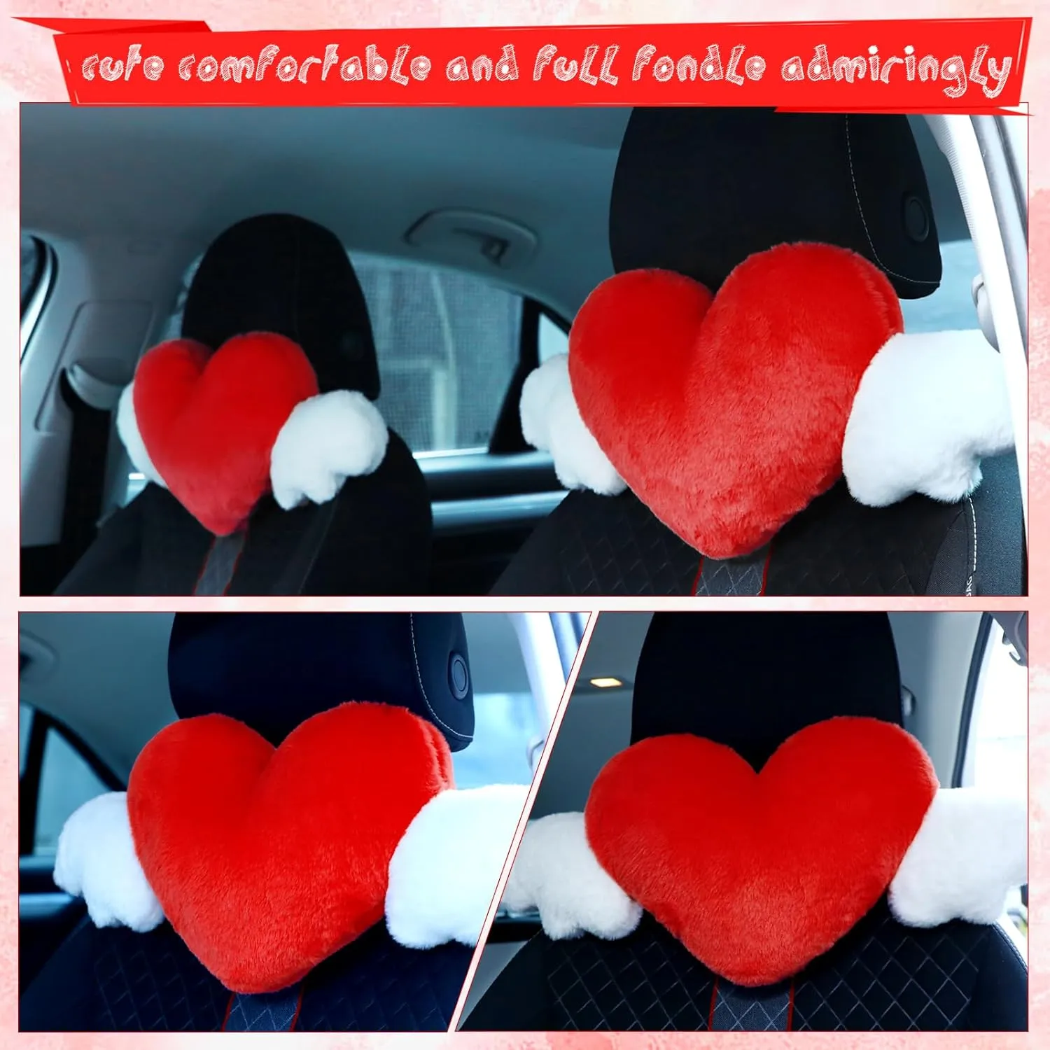 Macarrie 2 Pcs Plush Heart Shaped Pillow with Angel Wings Car Headrest Soft Comfortable Car Seat Pillow for Driving Travelling Room Office Car Decor, 19.7 x 8.3 Inch(Red)