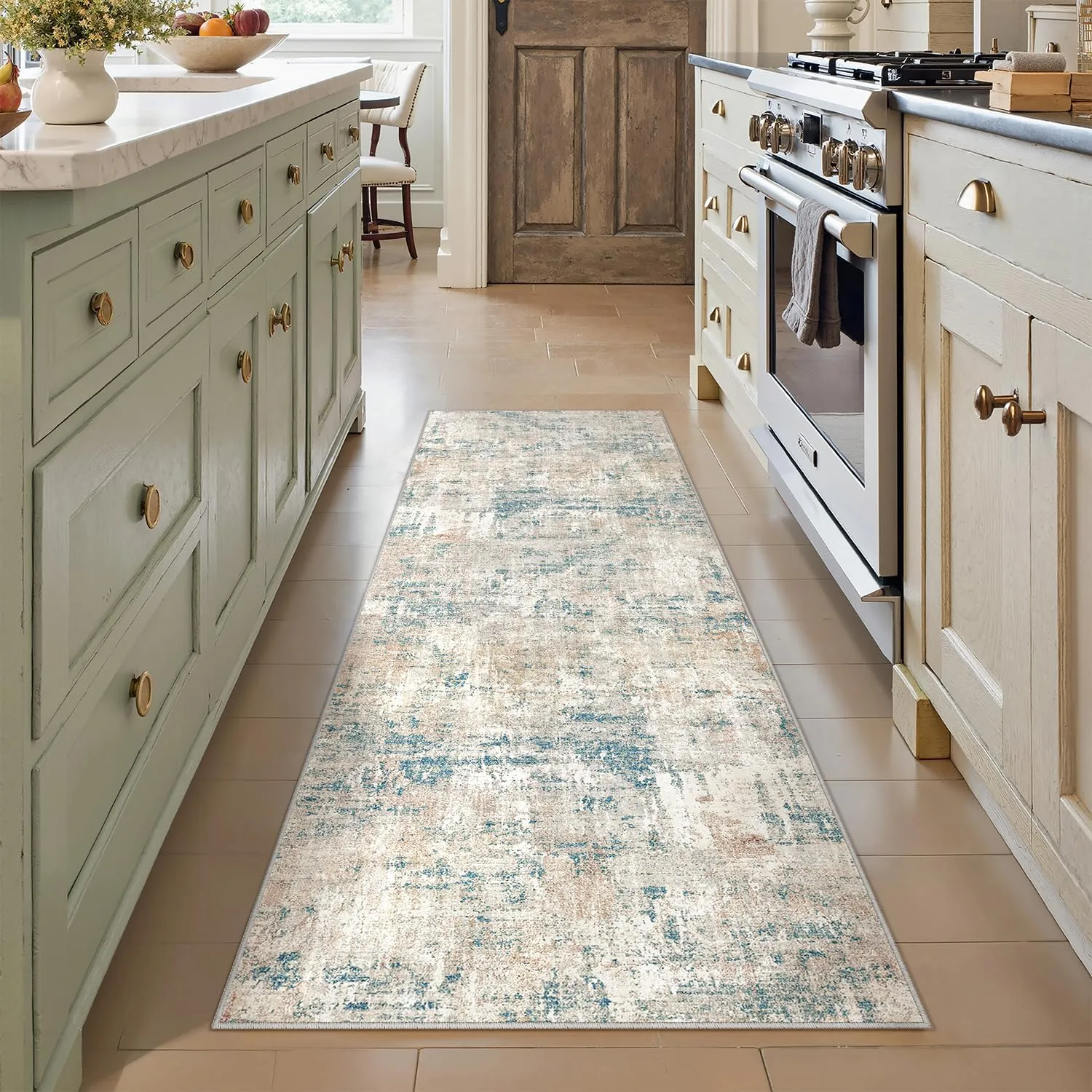 Machine Washable Runner Rug 2x6 Blue Brown Hallway Neutral Indoor Accent Modern Abstract Kitchen Low Pile Carpet Non Slip Distressed Throw Area Rug Living Room Bedroom Office Dining Room