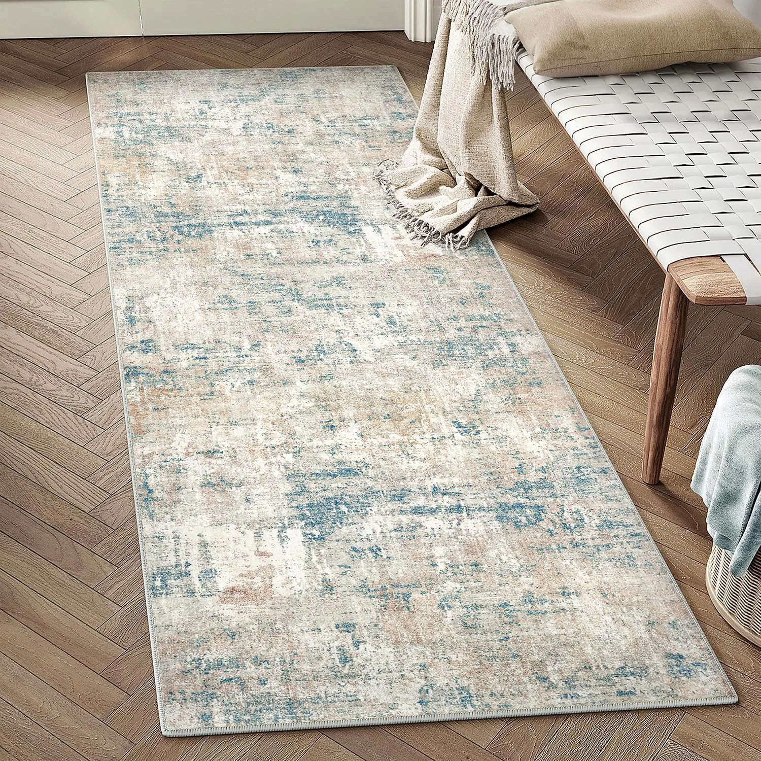 Machine Washable Runner Rug 2x6 Blue Brown Hallway Neutral Indoor Accent Modern Abstract Kitchen Low Pile Carpet Non Slip Distressed Throw Area Rug Living Room Bedroom Office Dining Room