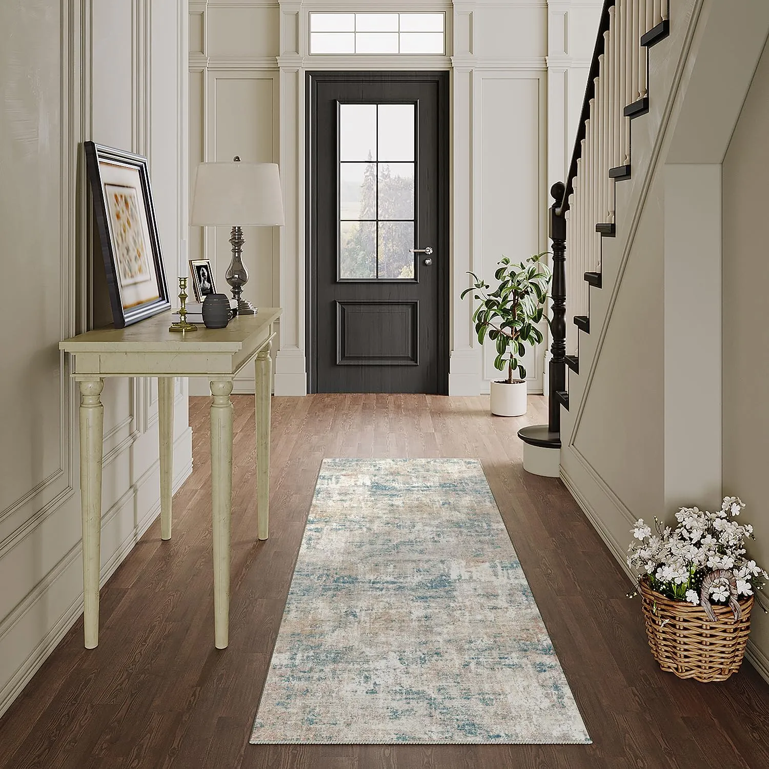 Machine Washable Runner Rug 2x6 Blue Brown Hallway Neutral Indoor Accent Modern Abstract Kitchen Low Pile Carpet Non Slip Distressed Throw Area Rug Living Room Bedroom Office Dining Room