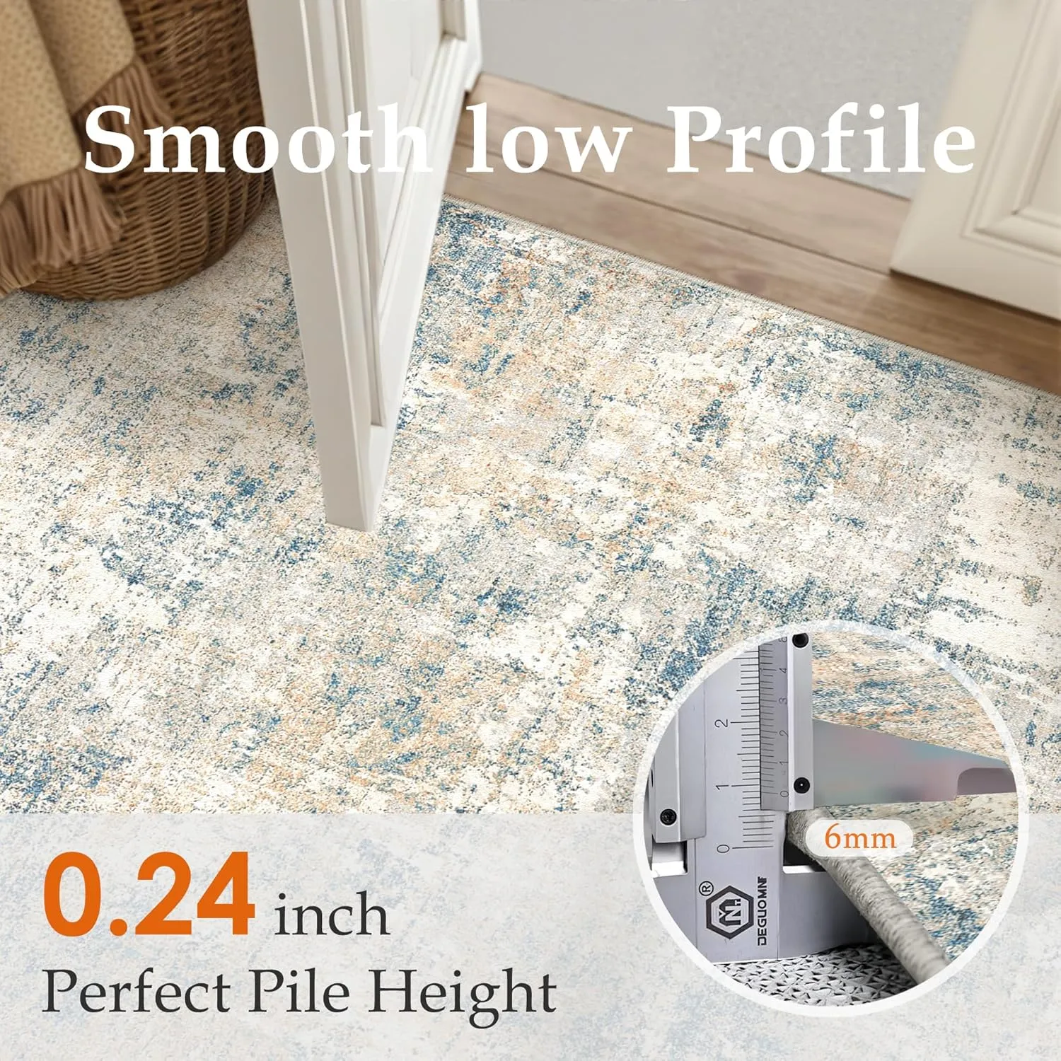 Machine Washable Runner Rug 2x6 Blue Brown Hallway Neutral Indoor Accent Modern Abstract Kitchen Low Pile Carpet Non Slip Distressed Throw Area Rug Living Room Bedroom Office Dining Room
