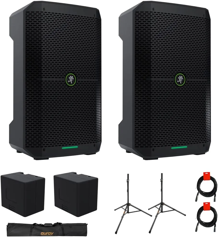 Mackie Thump Go 8" Portable Bluetooth Battery-Powered Loudspeaker (Pair) Bundle with 2X Mackie Thump Go Battery, Auray SS-47S-P Speaker Stand with Case, and 2X 20 XLR-XLR Cable