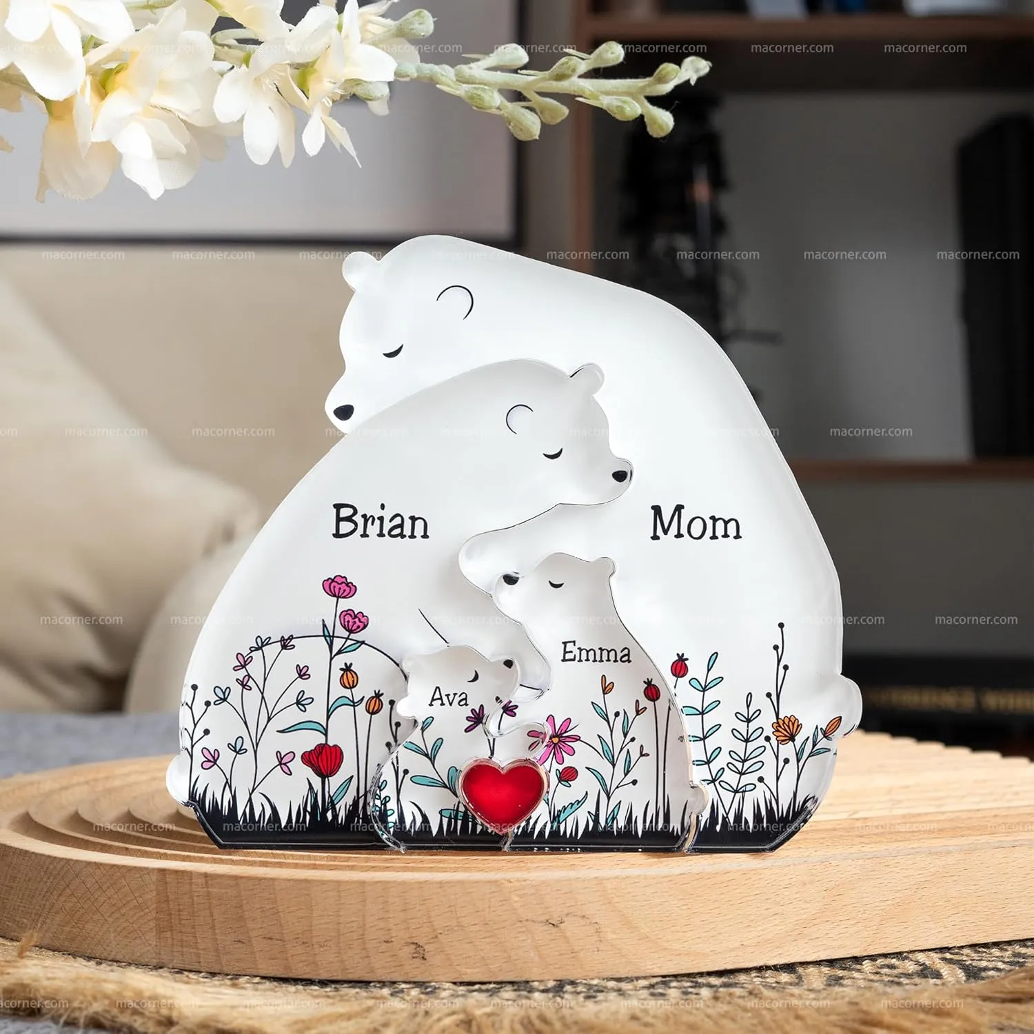 Macorner Personalized Acrylic Bear Puzzle, Hugging Bear Floral Version, Custom Name Sculpture, Home Decoration Gifts, Mom Present Mothers Day